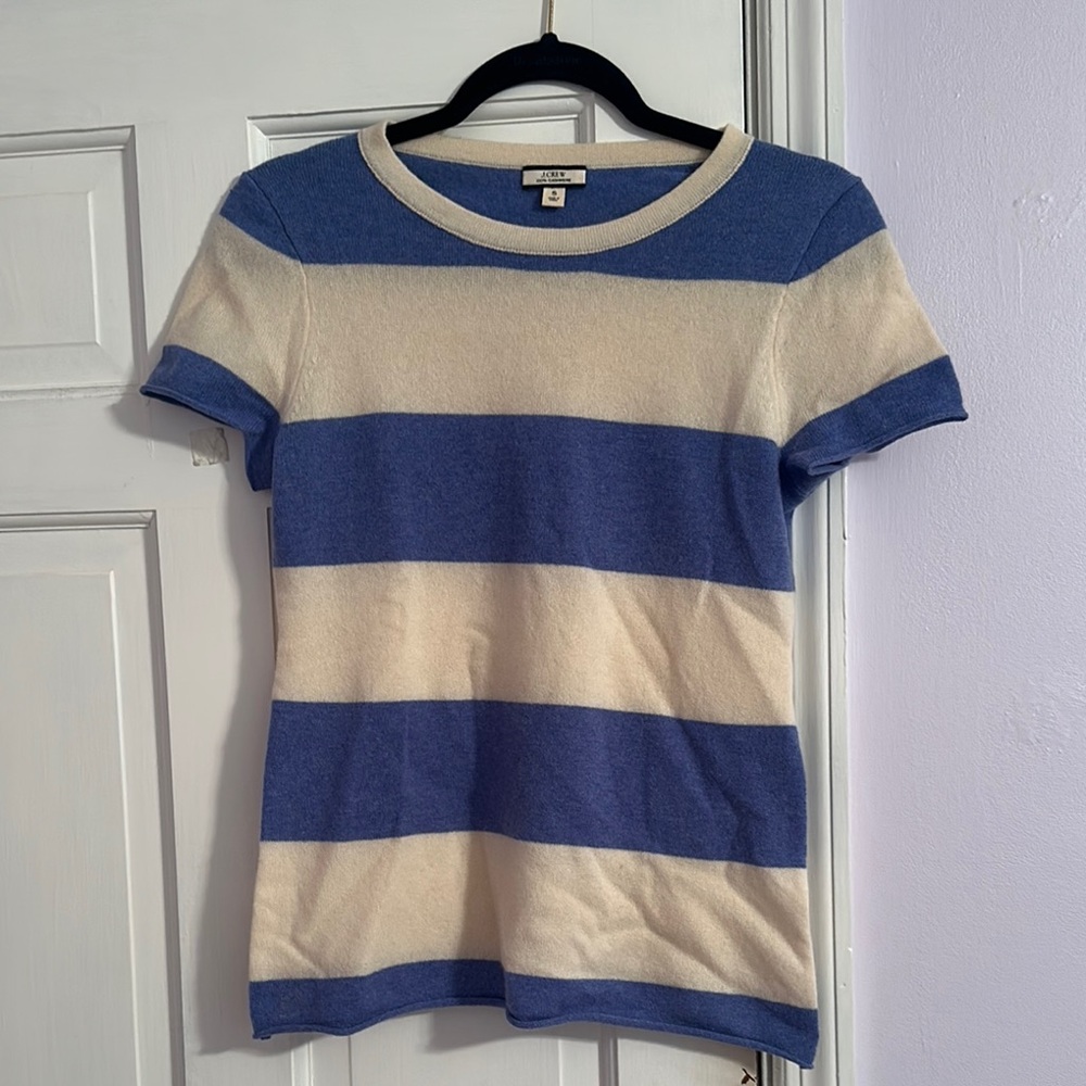 J. Crew Cashmere Blue and Cream Striped Tee